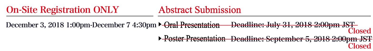 On-Site Registration ONLY :
December 3, 2018 1:00pm-December 7 4:30pm
Abstract Submission:
Oral Presentation: Deadline: Closed
Poster Presentation: Deadline: Closed